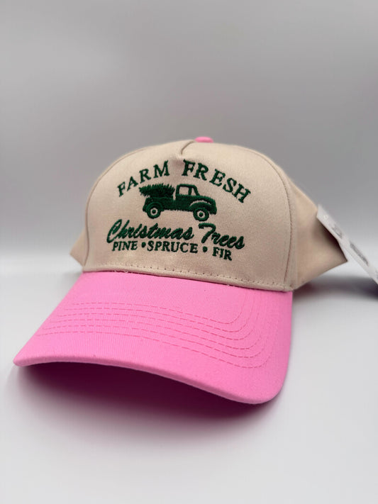 Farm Fresh Christmas Trees Hat – Pink Brim Holiday Cap