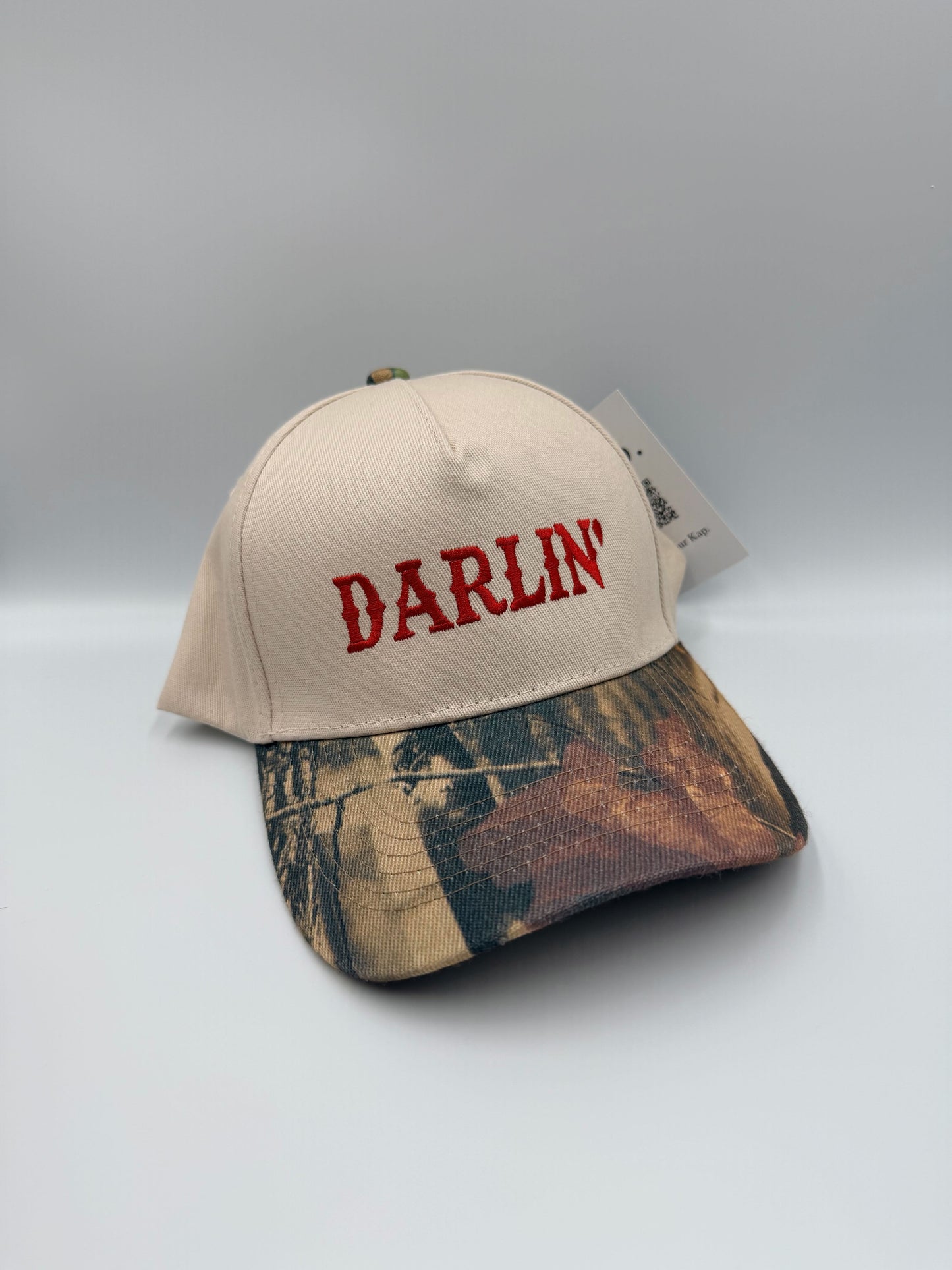 Darlin’ Camo Brim Hat – Cream & Red Embroidered Cap