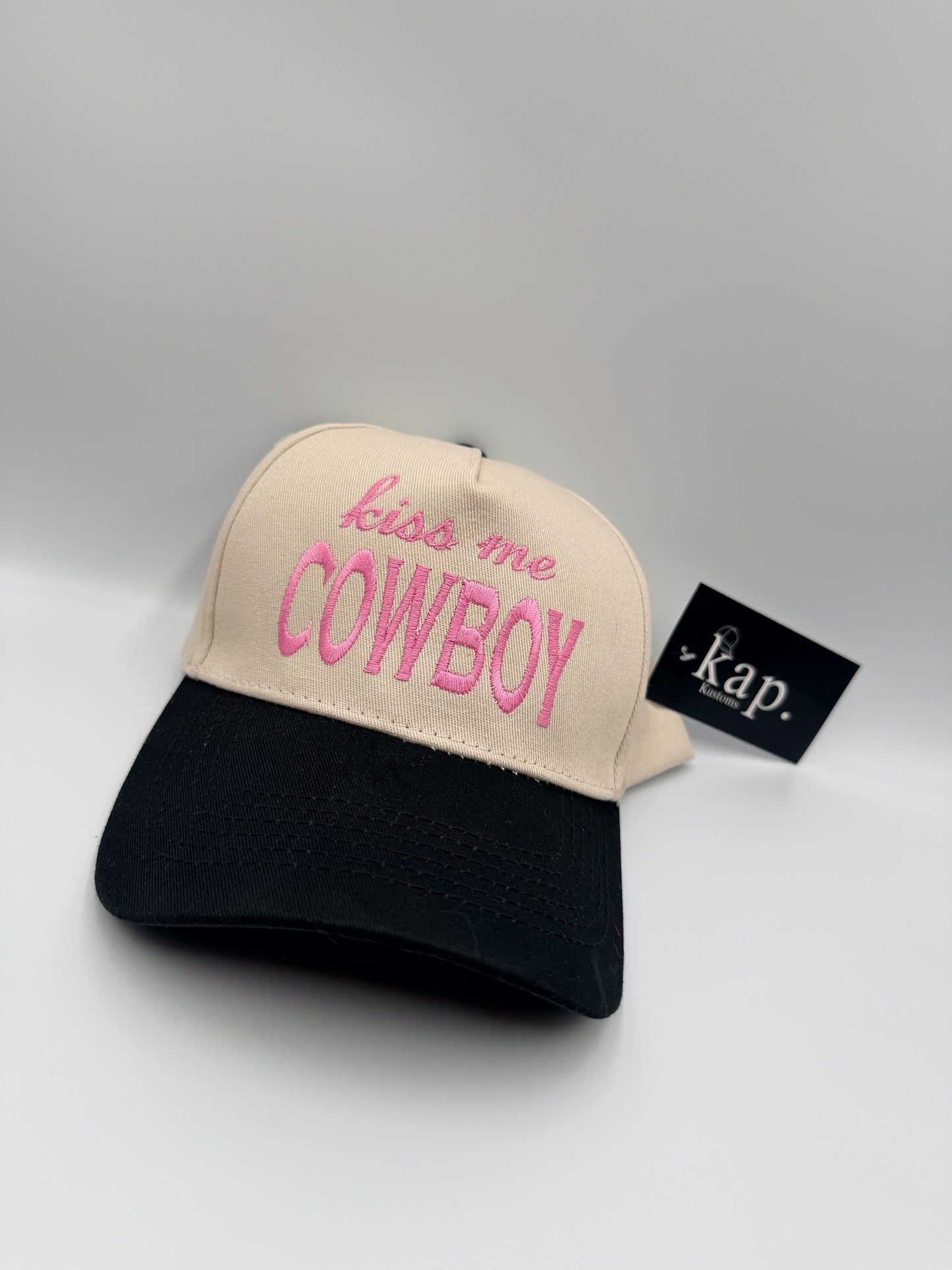 Kiss Me Cowboy Hat – Pink Embroidered Cream & Black Cap