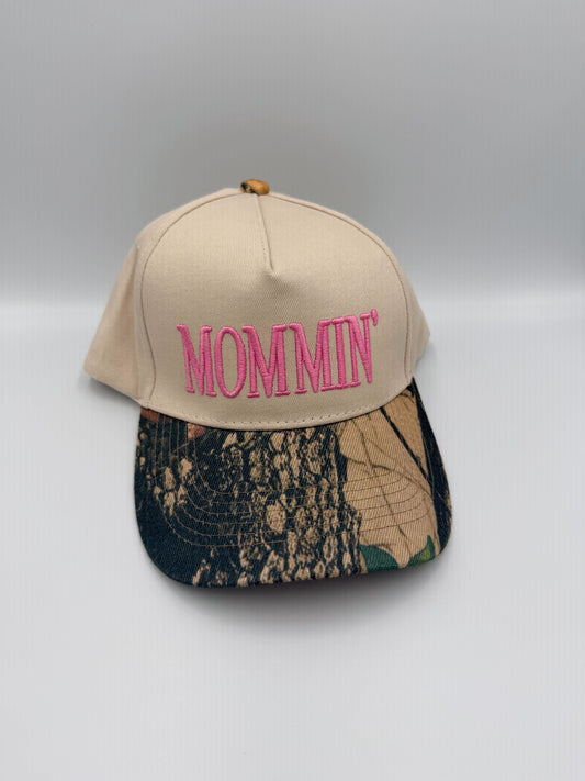 Mommin’ Hat – Pink PUFF Embroidered Camo Brim Cap